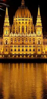 Hungarian Parliament illuminated at night with fireworks reflecting in river.