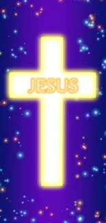 Radiant cross with Jesus text on a starry blue background.