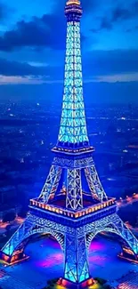 Eiffel Tower illuminated in blue at night.