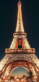 Elegant illuminated Eiffel Tower at night with glowing lights.