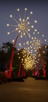 Artistic illuminated garden pathway at night.