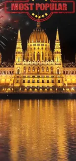 Wallpaper of illuminated Gothic building with fireworks and reflection on water.