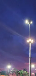 Vibrant night market under streetlights with twilight sky backdrop.