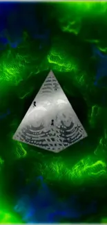 Abstract luminous pyramid on vibrant green and blue background.