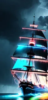 A neon-lit ship sails through a stormy sea with colorful lights.