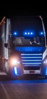 Modern truck with blue lights on dark road at night.