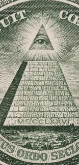 Illuminati pyramid with all-seeing eye symbol on dollar bill.