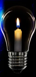 Lightbulb with candle against a dark background.