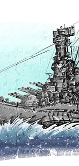 Illustrated battleship on ocean waves with a vibrant turquoise background.