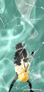 Illustrated guitarist with a teal background.