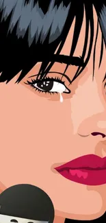 Stylized illustrated woman with bold red lips and black hair.