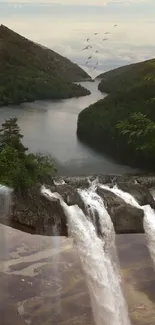 Fantasy book waterfall scene on mobile wallpaper