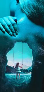 Surreal art wallpaper with girl swinging in dreamlike turquoise scene.