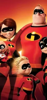 Dynamic superhero family in red suits on a vibrant wallpaper.