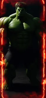 Muscular green superhero standing in dark, powerful pose.