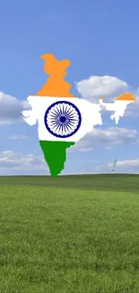 Wallpaper featuring India map in tricolor on a field with blue sky.