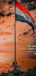 Indian flag waves at sunset, exuding patriotic pride.