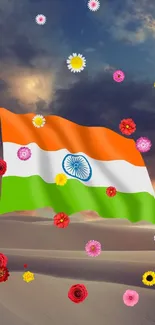 Indian flag against a desert sky with colorful flowers.