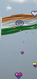 Indian flag mobile wallpaper with pixel hearts in a clear sky.