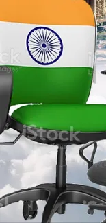 Chair with Indian flag design in front of a city skyline.