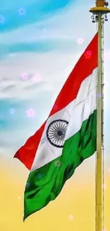 Waving Indian flag against a vibrant blue-yellow sky background.