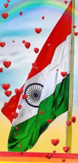 Indian flag with red hearts and rainbow sky.