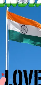 Indian flag with love hearts on a blue sky background.