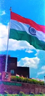 Indian national flag waving against a sparkling blue sky background.