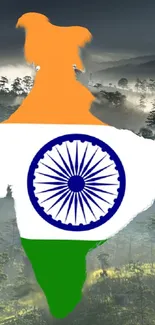 Indian flag map over misty forest wallpaper