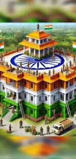 3D artwork of Indian-themed building with flags and vibrant colors.