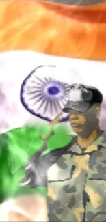 Soldier with Indian flag in background, symbolizing national pride.