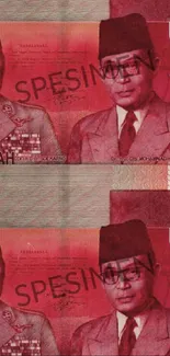 Indonesian currency design with red hues and historical figures.