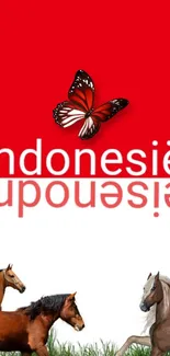 Red and white wallpaper with Indonesia theme, featuring butterfly and horses.