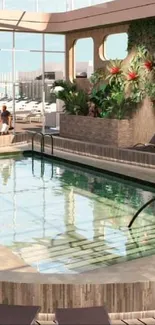 Luxury indoor pool with lush greenery, tropical decor.