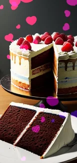 Chocolate cake with raspberries on a plate.