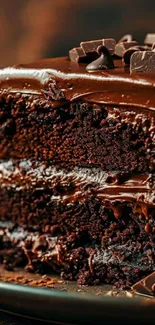 Close-up of a rich chocolate cake with layered frosting and chocolate pieces on top.