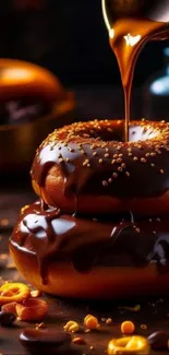 Rich chocolate-covered donuts with caramel drizzle, creating a mouth-watering view.
