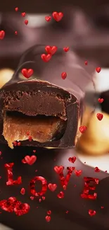 Rich chocolate and caramel wallpaper with love hearts.