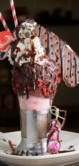 Decadent chocolate and strawberry milkshake with cookies and candies.