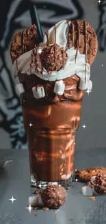 Chocolate milkshake with cookies and cream topping.