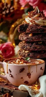 Stacked chocolate cookies and coffee cup with floral background.