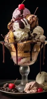 Delicious ice cream sundae with cherries and chocolate drizzle.
