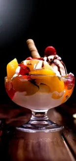 Ice cream sundae with fruits and chocolate on a dark background.