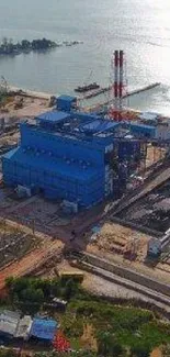 Aerial view of a blue energy plant on the coast.