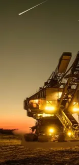 Silhouetted excavator at sunset in industrial landscape.