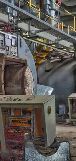 Industrial factory interior with machinery and pipes.