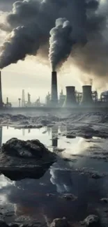 Industrial area with smoke stacks and reflections, symbolizing pollution.