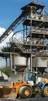 Industrial loader at a construction site with blue sky backdrop.