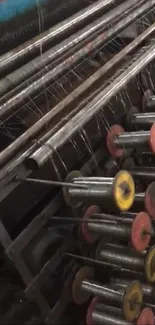 Industrial machine with metal spools and colorful wheels.