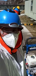 Workers in protective gear and helmets at an industrial site.